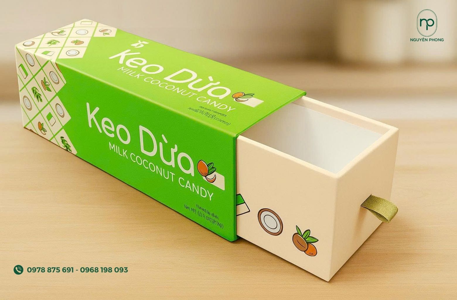 Hộp kẹo dừa dạng hộp rút
